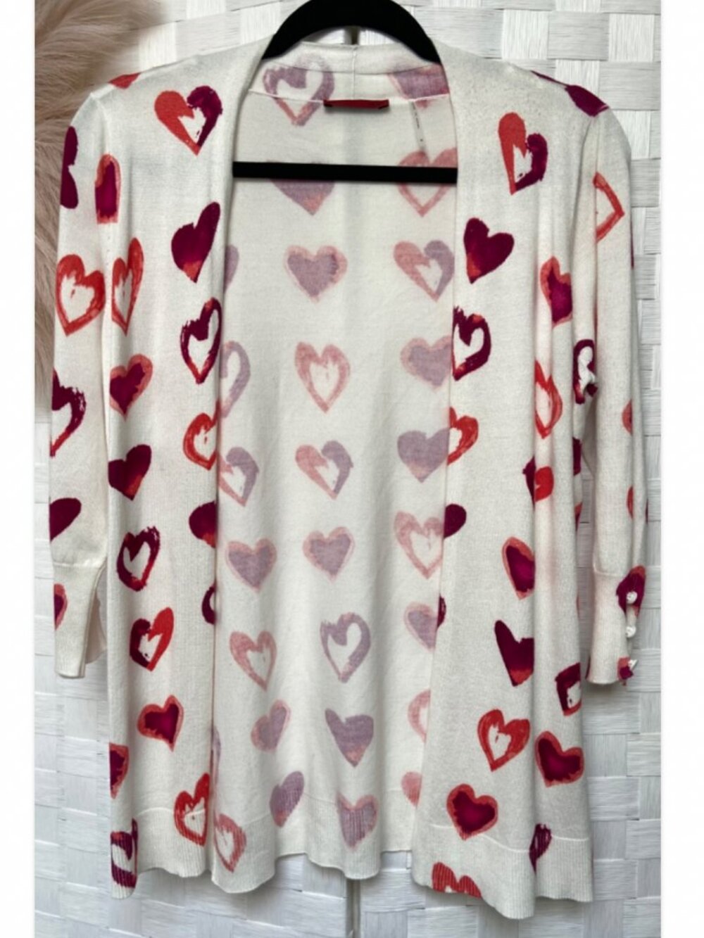 RED Heart Cardigan Pink White Sweater Size M